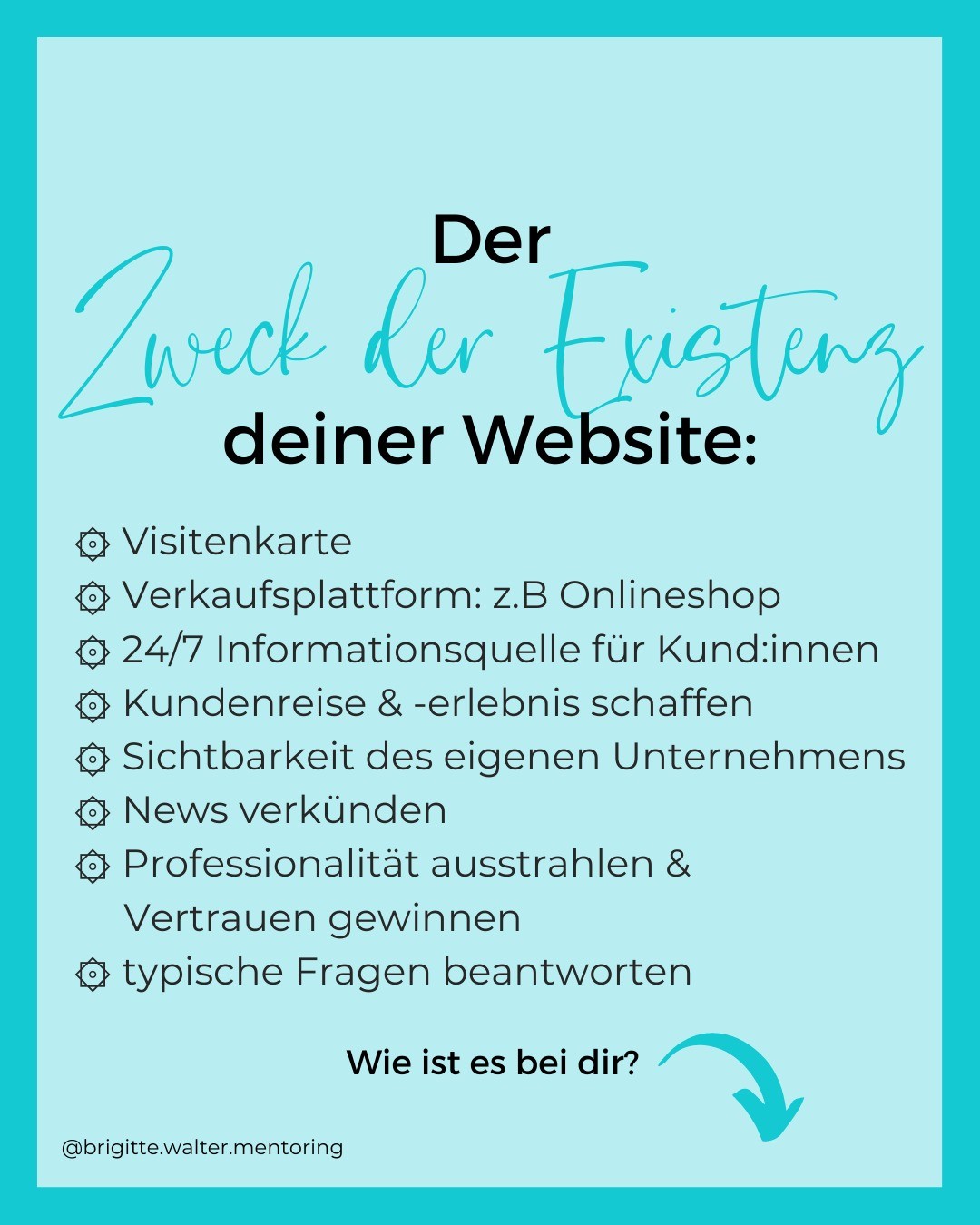 Warum willst du überhaupt eine Website?
Oder warum hast du eine?
Was steckt denn dahinter?
👉 Es gibt verschiedene Möglichkeiten, eine Website zu bauen und sie zu nutzen.
Für die einen ist sie eher eine Visitenkarte, für die anderen geht es in Richtung Erlebnisparadies.
👉 Doch eines haben alle Website-Varianten immer gemeinsam:
Sie sollen ansprechend für Kund:innen sein und möglichst effizient konvertieren, also Besucher zu zahlenden Kund:innen machen. 💸
👉 Das heißt: Dein wichtigstes Ziel mit deiner Website sollte es sein, deiner Zielgruppe einen Ort zu ermöglichen, an dem sie sich über deine Angebote informieren kann und sich mit deinen Inhalten gut abgeholt und wohl fühlt.
🤷🏼♀️ Wie erreichst du das?
Indem du deine Expertenbrille absetzt und aus Kundensicht auf dich und deine Angebote schaust: Was braucht es, deine Botschaft klar zu vermitteln?
🎯 Was dir dabei hilft, dein Ziel zu erreichen:
1. Suchmaschinenoptimierung, um die richtigen Personen über Google auf deine Seite zu ziehen, und
2. Webdesign, um sie zu begeistern und auf der Website in deine Stimmungslage zu versetzen.
➡️ Auf welchem Website-Zweck liegt dein Fokus zur Zeit (noch)? Schreib mir deinen Website-ZDE gern in die Kommentare. ⤵️
#websiteerstellen #websitetexte #websitetipps #websitegestaltung #websitekurs #wordpresswebdesignerin #webentwicklerin #webdesignerin #websitemitplan #branding #branddesign #onlinegefundenwerden #holisticwebdesign #webdesign #suchmaschinenoptimierung #seooptimierung #seoverstehen #unternehmerin #seotipps #gründerinnen #wordpresstipps #frauenimbusiness #selbstständigkeit #selbstständige #erfolgreichselbstständig #unternehmerinnenmindset #frauenbusiness #unternehmerinnen #sichtbarwerden #expertin