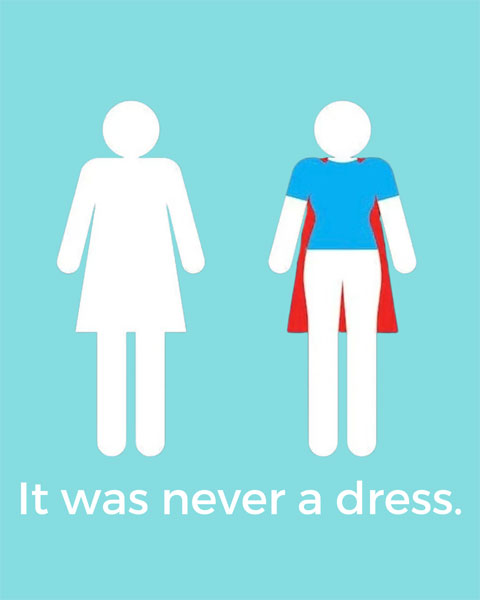Female Empowerment: Grafik mit dem typischen "Toiletten"-Symbol, auf dem eine Frau im Kleid zu sehen ist. Fällt Licht drauf ist erkennbar, dass es nie ein Kleid war, sondern ein Superwoman-Umhang.