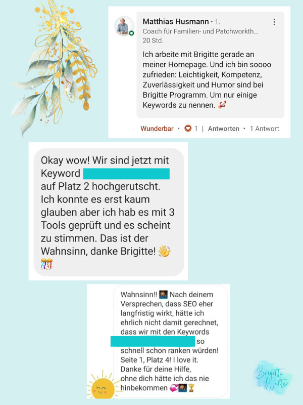 Blogartikel schreiben lassen, Kundenstimmen: Du wünschst dir, mehr Kunden, leichter zu verkaufen und mehr Reichweite? Lass Blogartikel schreiben für mehr Reichweite für deine Website.<br />
Auf dem Bild sind 3 Kundenstimmen abgebildet.